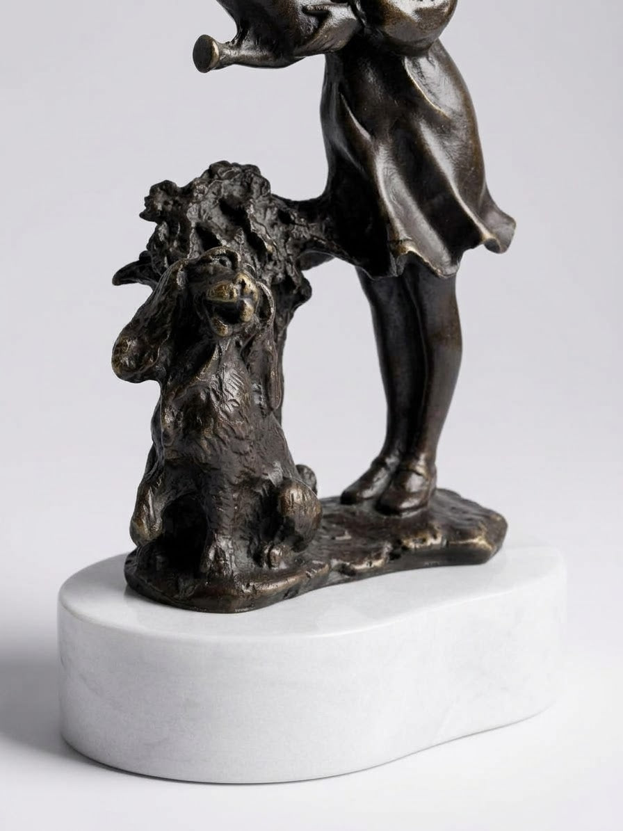 Statue Bronze Ancien Enfant Chien Art Deco Style Signe Attribue Landuc 23cm