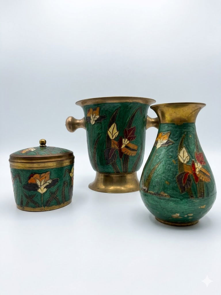 Ancien Ensemble Art Nouveau Émail Cloisonné Laiton IRIS Seau Vase Boite Couverte