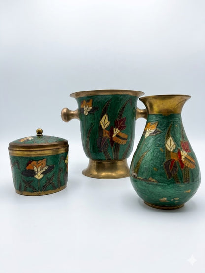 Ancien Ensemble Art Nouveau Émail Cloisonné Laiton IRIS Seau Vase Boite Couverte