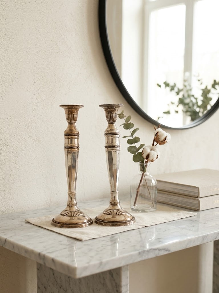 Bougeoirs Flambeaux Démontables en Bronze Argenté Style Louis XVI grand modèle, 28cm