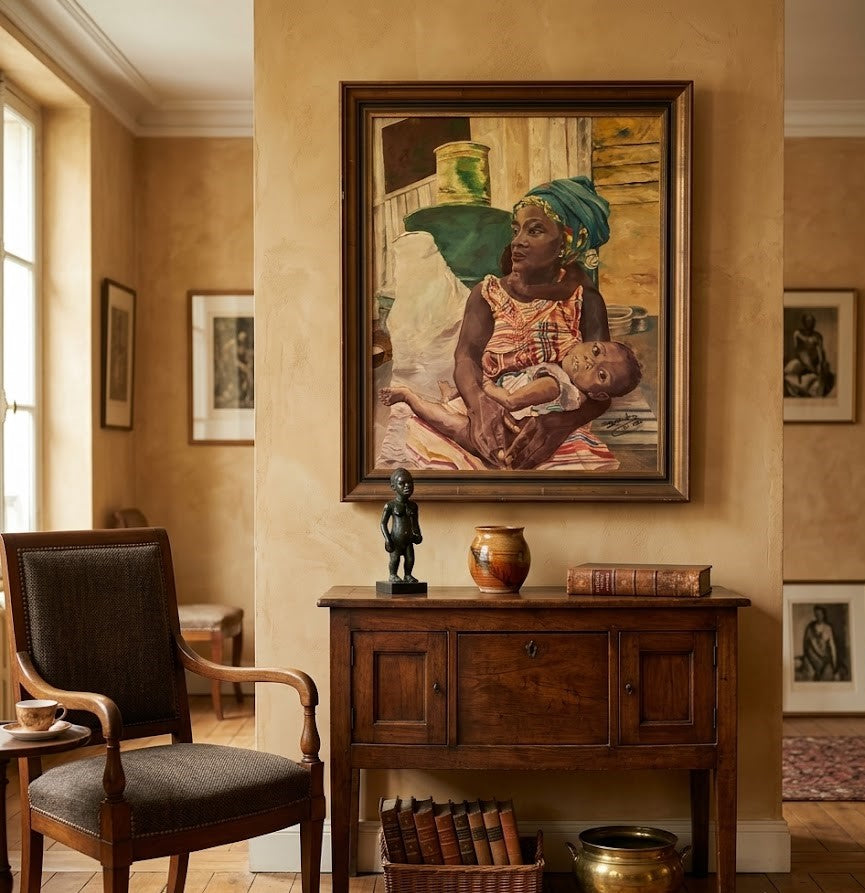 Portrait Africain Huile sur Toile 60x80 cm - La Maternité, signée Zély (1995)