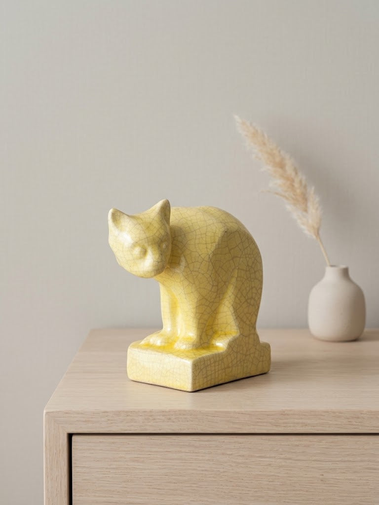 Chat en céramique Craquelée Jaune - Faïence Art Deco 1930 H15cm L20cm signé et numéroté.