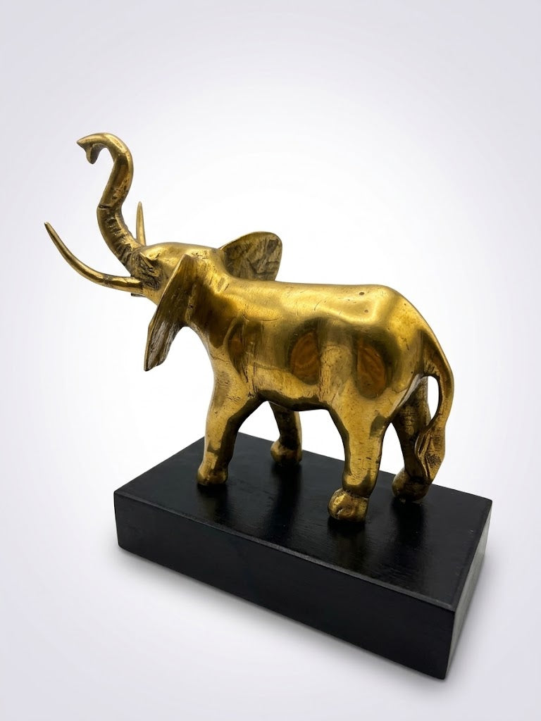 Sculpture d'Eléphant en Laiton massif sur Socle Bois 20x20 Hollywood Regency.