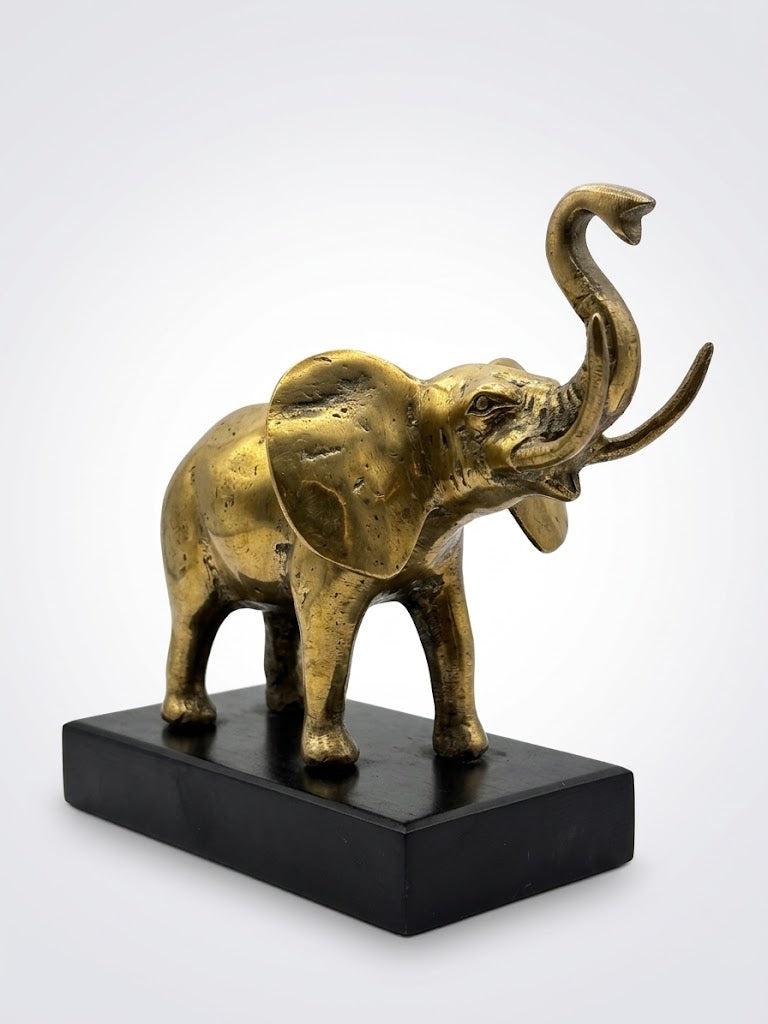 Sculpture d'Eléphant en Laiton massif sur Socle Bois 20x20 Hollywood Regency.