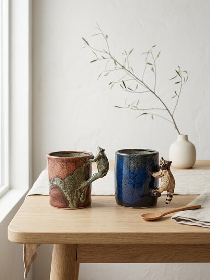 Mugs d'Art en Grès Émaillé – Anses Sculptées Grenouille & Raton Laveur – Pièces Uniques Véronique Plault