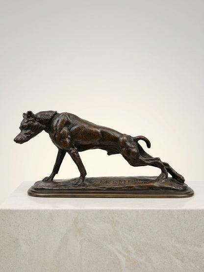 Sculpture Bronze Animalier XIXe – Lévrier qui s'étire par Emmanuel Frémiet (20 cm)