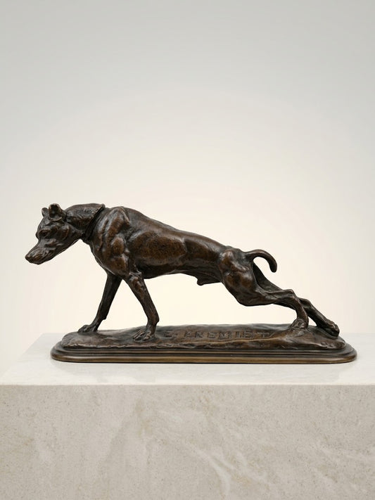 Sculpture Bronze Animalier XIXe – Lévrier qui s'étire par Emmanuel Frémiet (20 cm)
