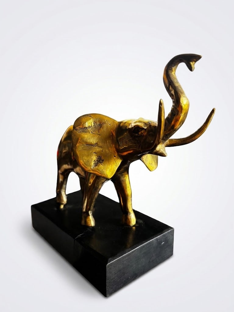 Sculpture d'Eléphant en Laiton massif sur Socle Bois 20x20 Hollywood Regency.