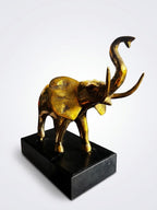 Sculpture d'Eléphant en Laiton massif sur Socle Bois 20x20 Hollywood Regency.