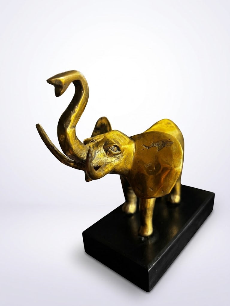 Sculpture d'Eléphant en Laiton massif sur Socle Bois 20x20 Hollywood Regency.