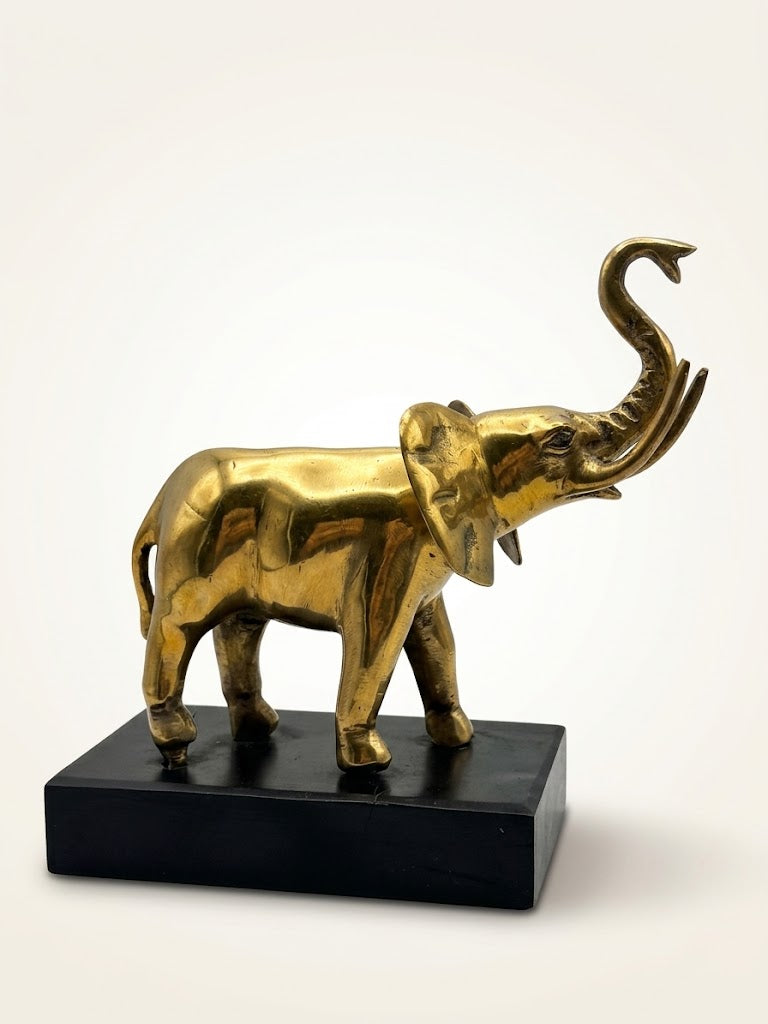 Sculpture d'Eléphant en Laiton massif sur Socle Bois 20x20 Hollywood Regency.