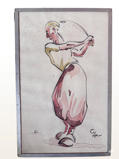 Aquarelle Originale signée Golf Caricature Vintage Années 30 Art Déco Humour CYP