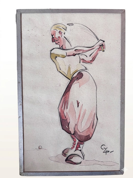 Aquarelle Originale signée Golf Caricature Vintage Années 30 Art Déco Humour CYP