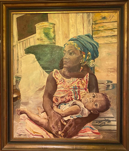 Portrait Africain Huile sur Toile 60x80 cm - La Maternité, signée Zély (1995)
