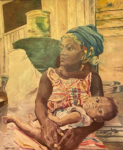 Portrait Africain Huile sur Toile 60x80 cm - La Maternité, signée Zély (1995)