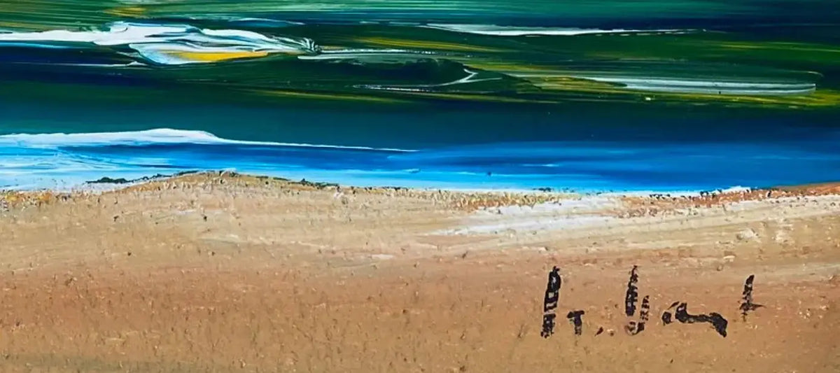 Huile sur toile signé marine, vue d'une plage, très lumineux. Années 80, encadré. Antiquités de France
