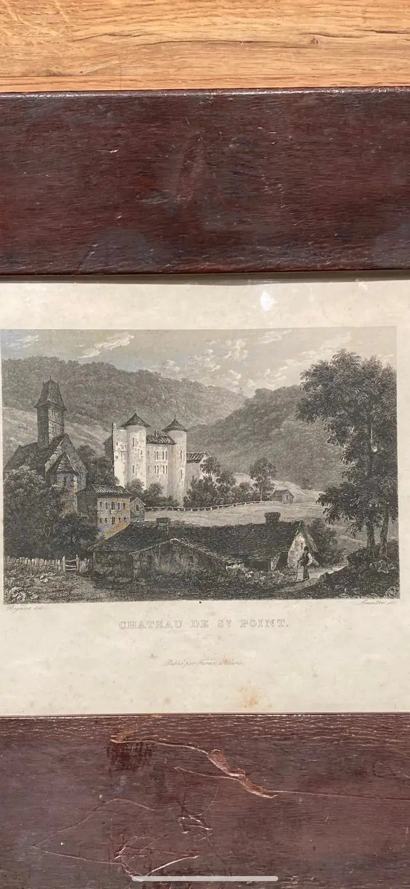 Gravure signée du XIXème siècle, encadrée, sous verre. Château de St Point en Soane et Loire. Antiquités de France
