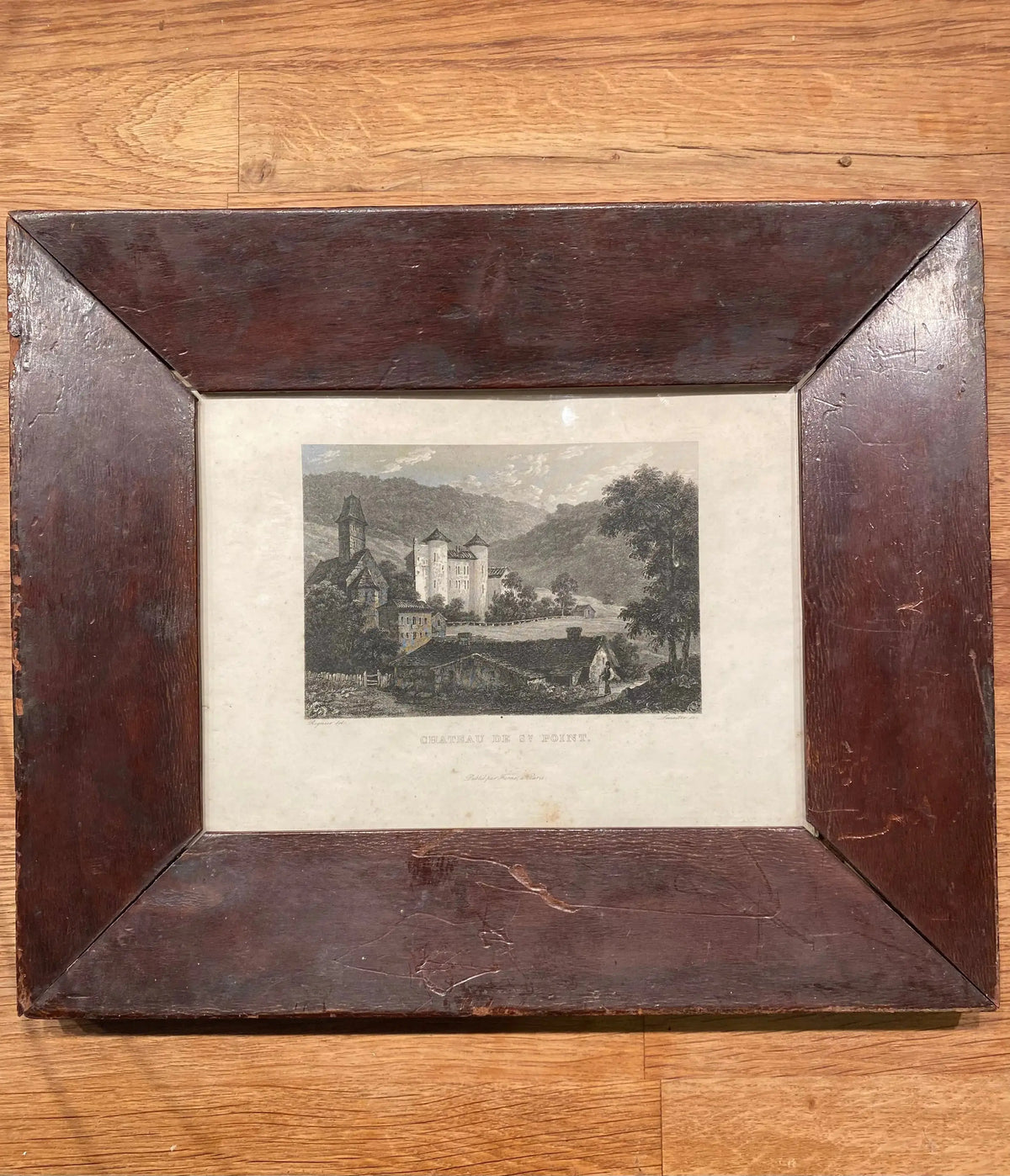 Gravure signée du XIXème siècle, encadrée, sous verre. Château de St Point en Soane et Loire. Antiquités de France