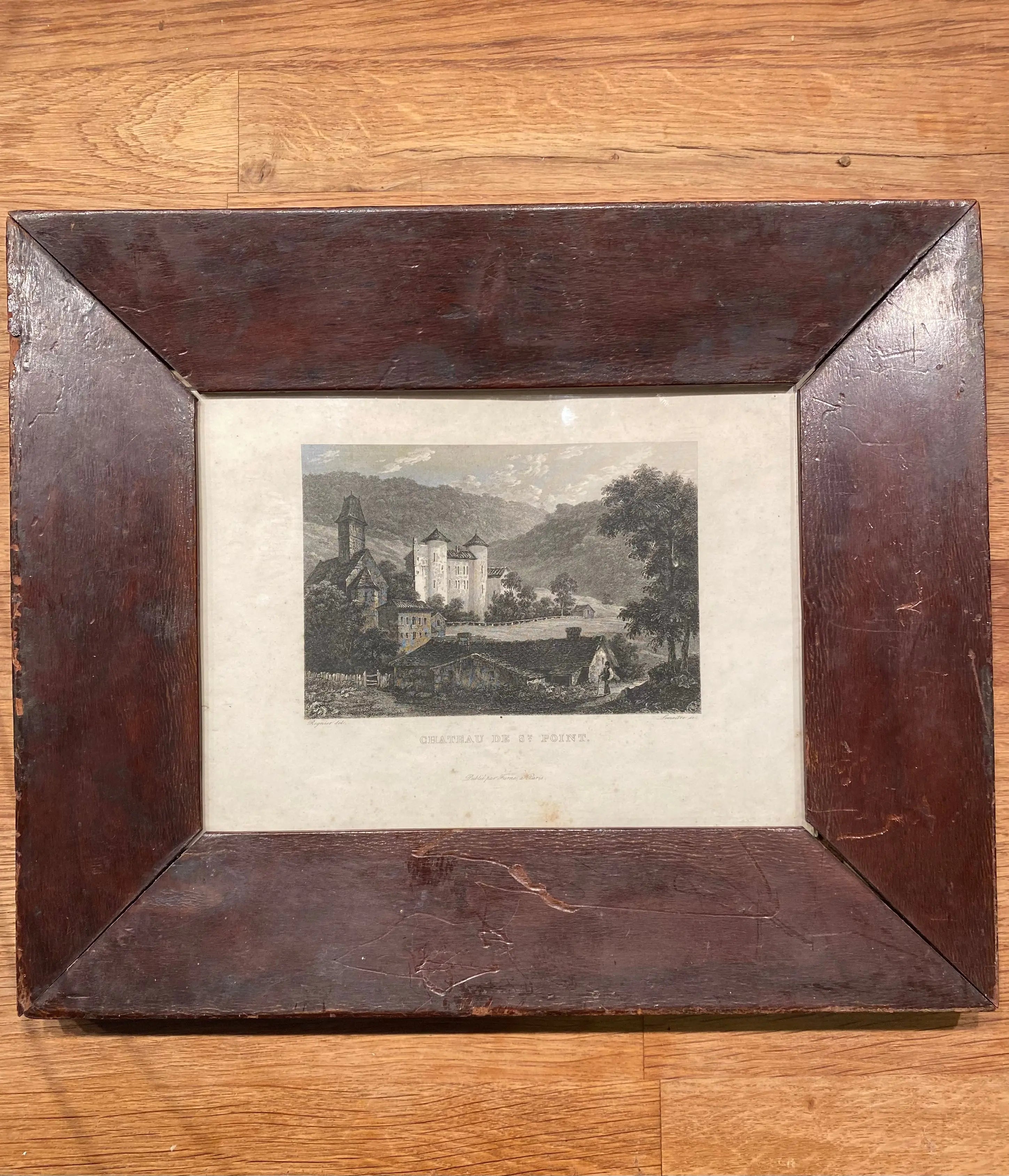Gravure signée du XIXème siècle, encadrée, sous verre. Château de St Point en Soane et Loire.