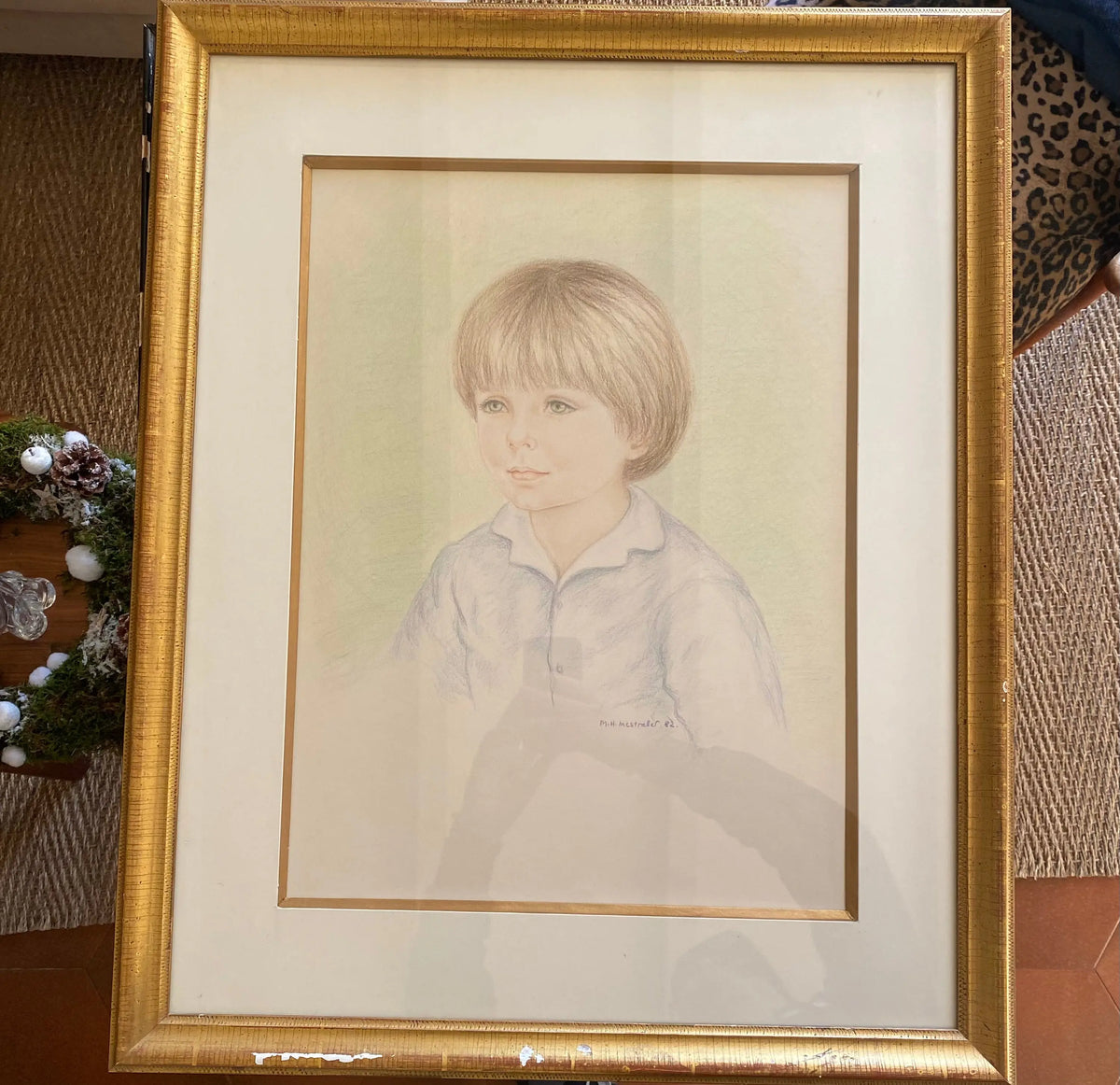 Portrait ancien signé Mestrallet, pastel des années 80, encadré sous verre, pièce unique Antiquités de France
