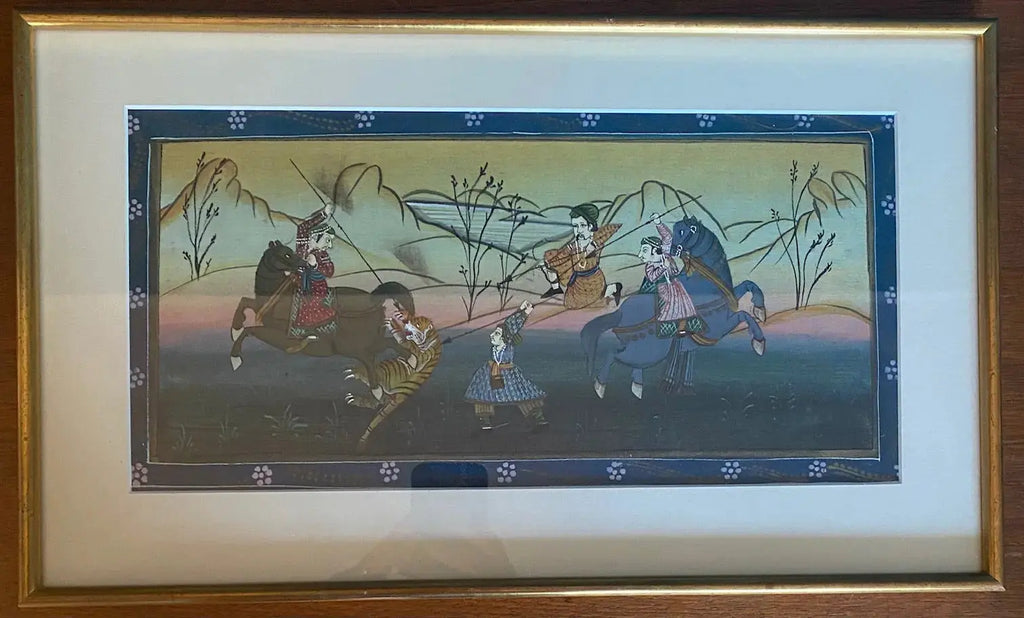 Deux gouaches persanes début XXème "Chasse au tigre" – encadrées-{{shop name}}