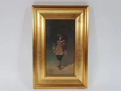 Huile sur panneau, début XIXème, signée R. Guiraud. 30x15cm. Le Mousquetaire. Antiquités de France