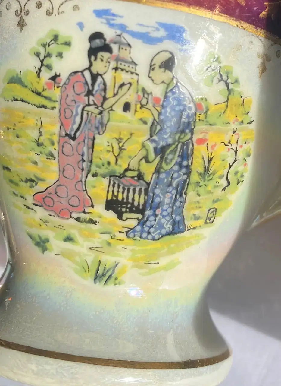 Lot tasses et sous-tasses Guy en porcelaine XIXème – décor Japonais irisé-{{shop name}}