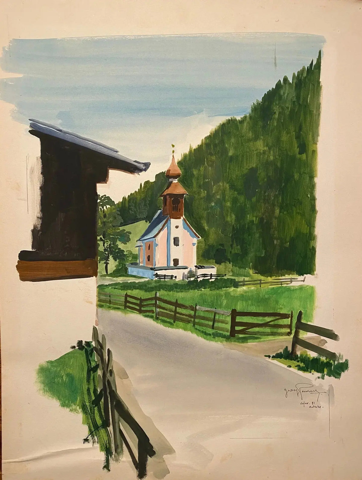 Ancienne aquarelle signée, XXème siècle, sur papier, paysage d'Autriche, 1981 Antiquités de France