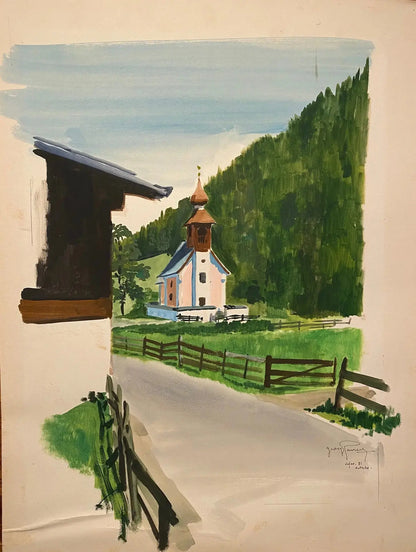 Ancienne aquarelle signée, XXème siècle, sur papier, paysage d'Autriche, 1981 Antiquités de France