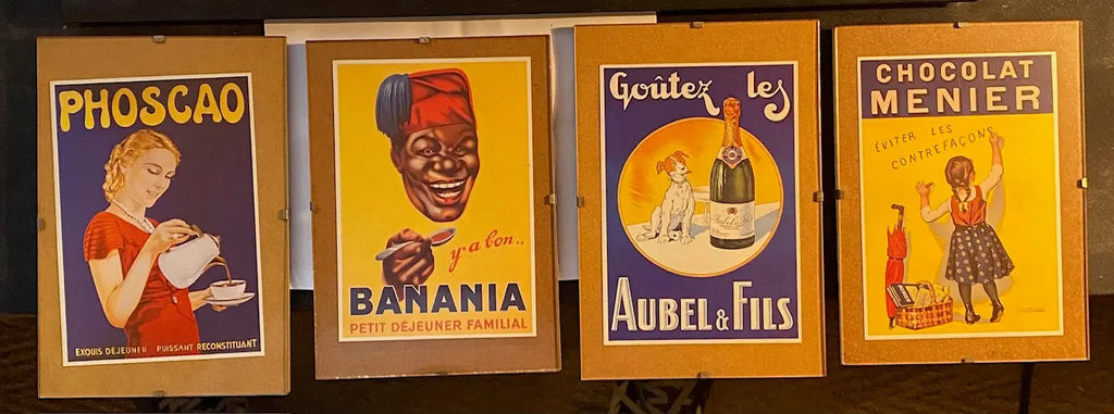 BANANIA, MEUNIER, PHOSCAO, AUBELS, 4 sous verre, 4 publicité sur carte postale. Antiquités de France