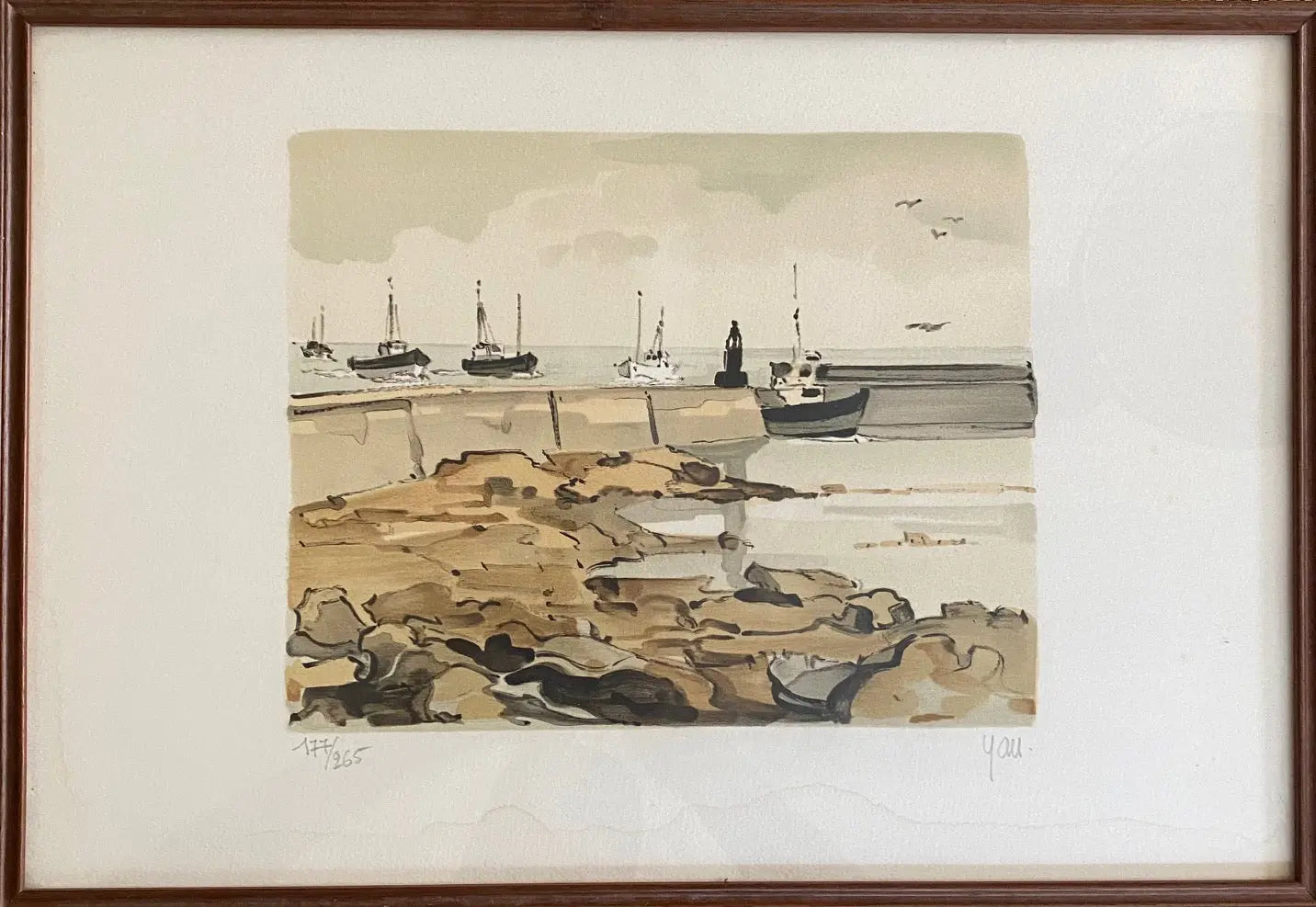 Lithographie marine signée Robert Yan 1982, numérotée, Bretagne, encadrée sous verre-{{shop name}}