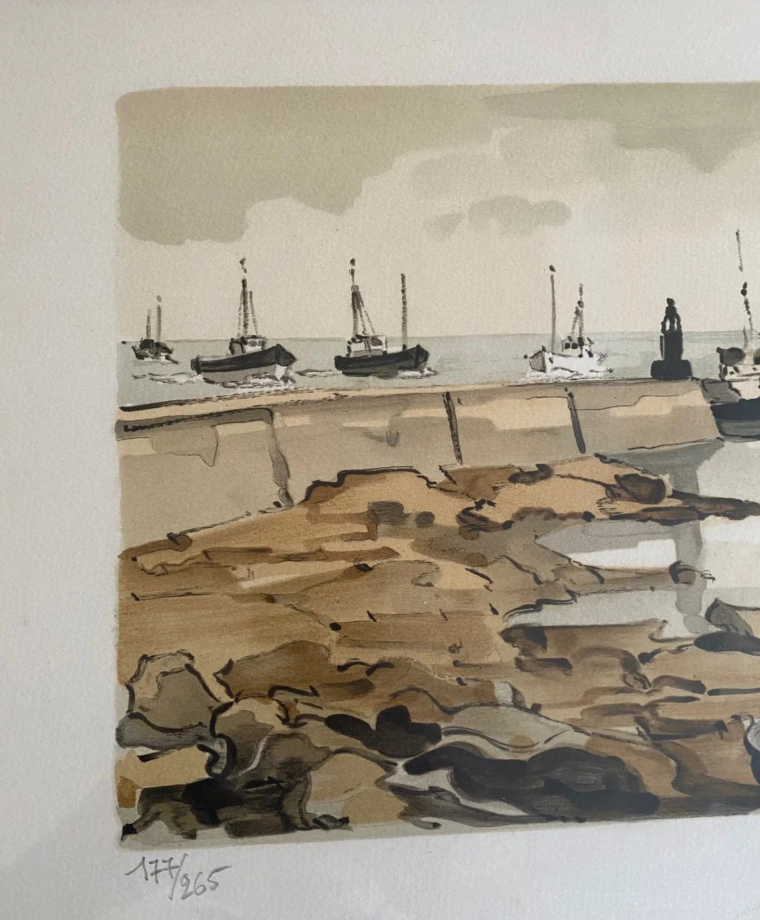 Lithographie marine signée Robert Yan 1982, numérotée, Bretagne, encadrée sous verre-{{shop name}}