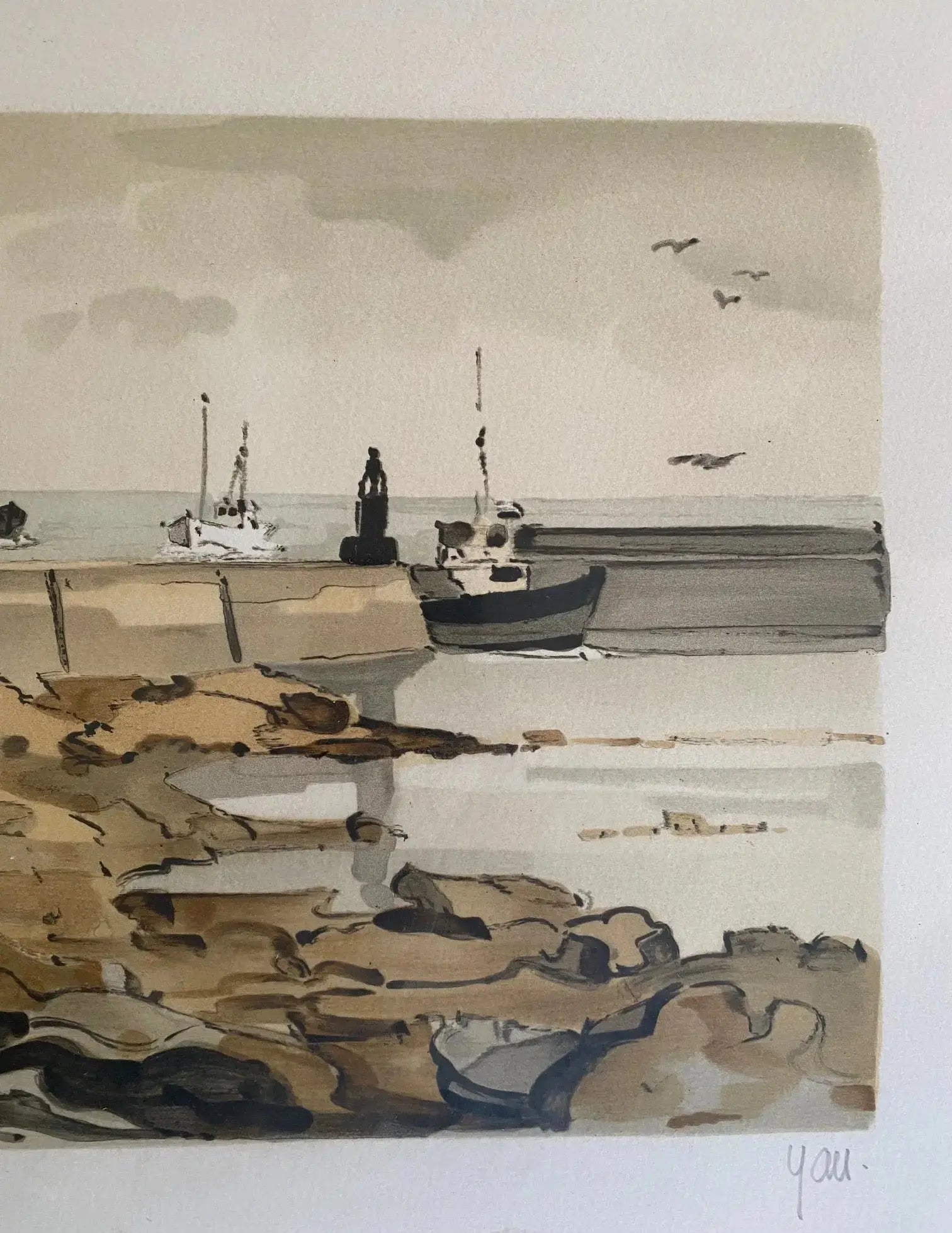 Lithographie marine signée Robert Yan 1982, numérotée, Bretagne, encadrée sous verre-{{shop name}}