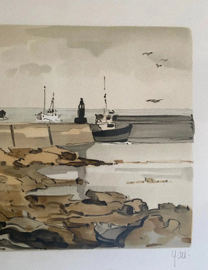 Lithographie marine signée Robert Yan 1982, numérotée, Bretagne, encadrée sous verre-{{shop name}}