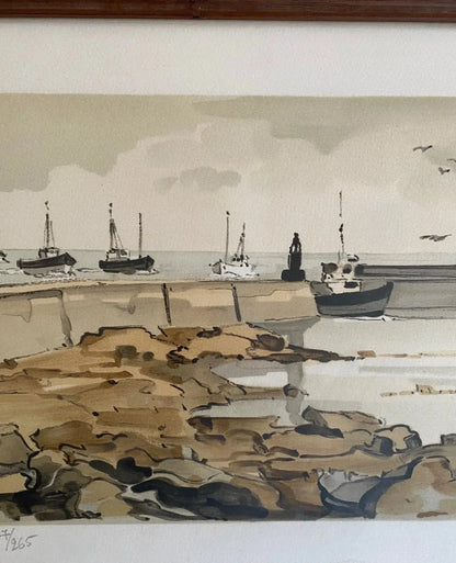 Lithographie marine signée Robert Yan 1982, numérotée, Bretagne, encadrée sous verre-{{shop name}}