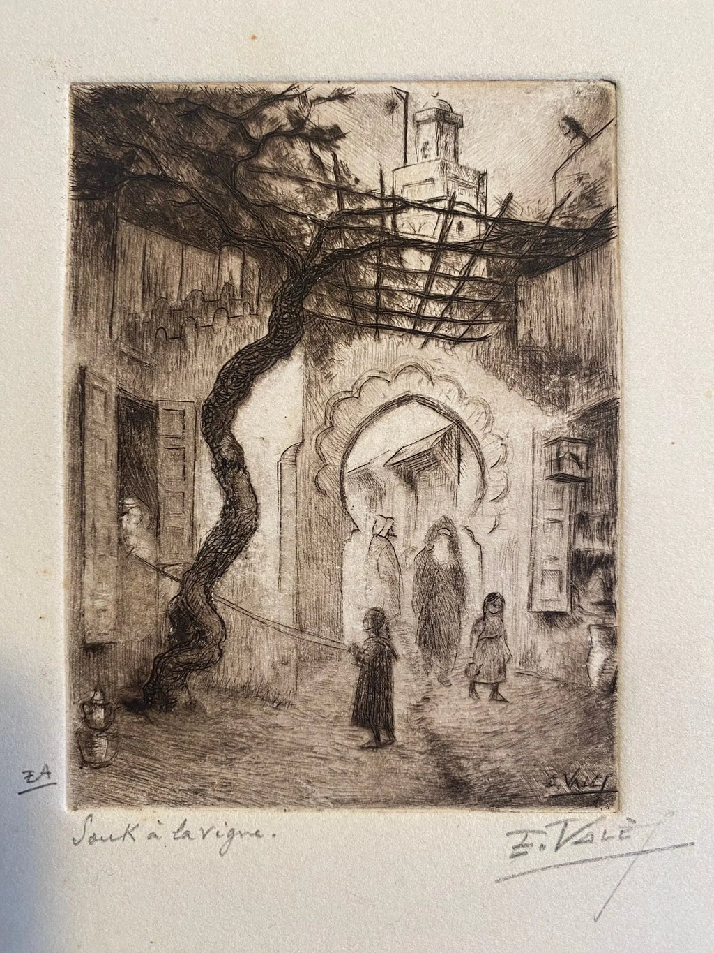 Dessin à l'encre signé, Edmond Valès, orientaliste, début XXème, épreuve artiste Antiquités de France