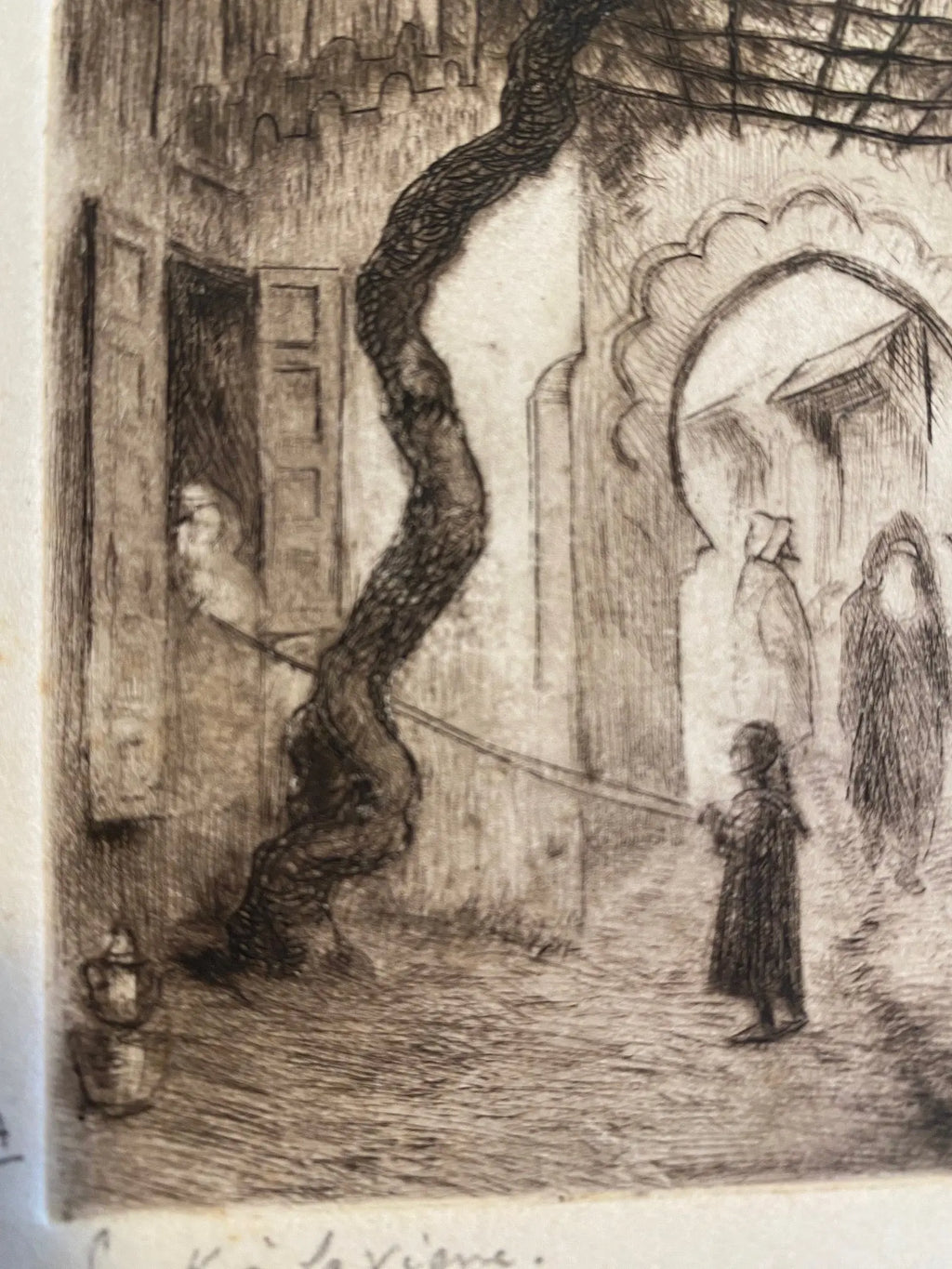 Dessin à l'encre signé, Edmond Valès, orientaliste, début XXème, épreuve artiste Antiquités de France