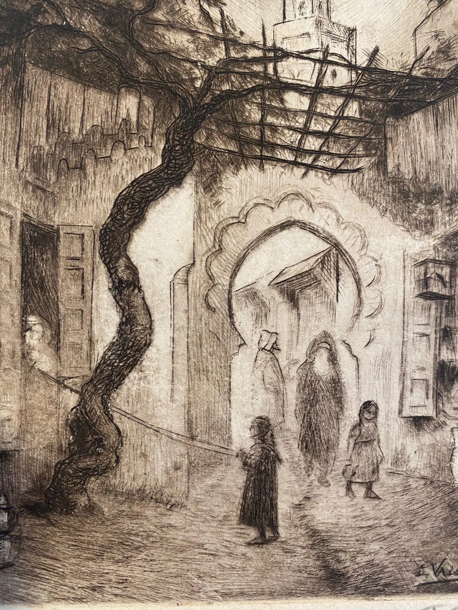 Dessin à l'encre signé, Edmond Valès, orientaliste, début XXème, épreuve artiste Antiquités de France