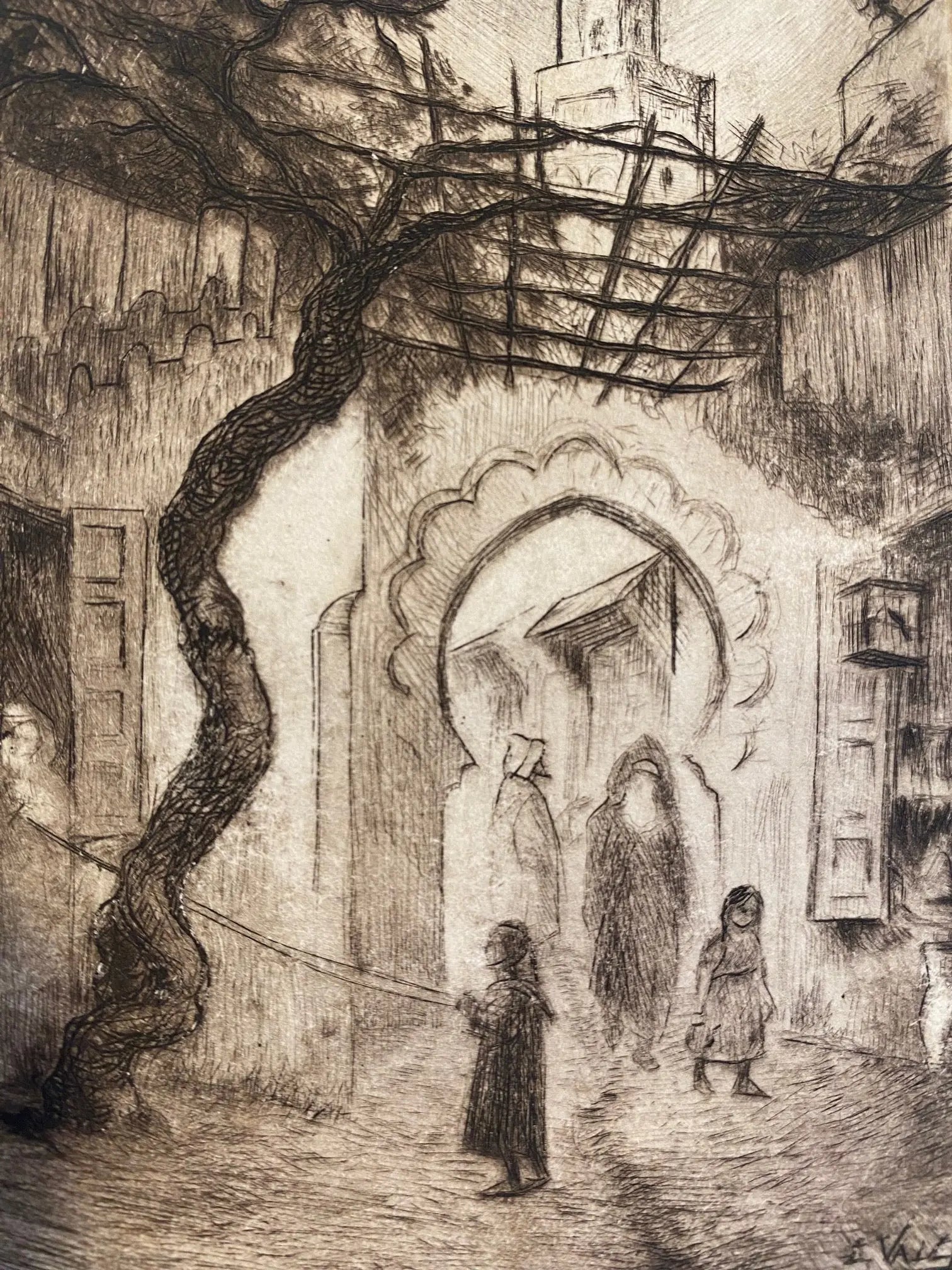 Dessin à l'encre signé, Edmond Valès, orientaliste, début XXème, épreuve artiste Antiquités de France