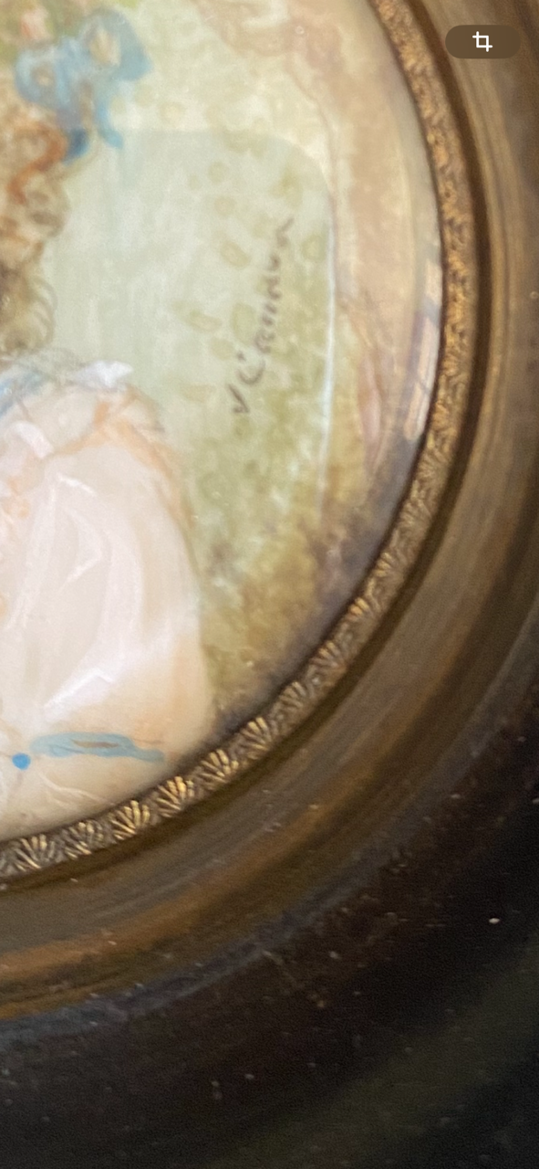 Miniature ancienne XIXème, Marquise de Breuil, cadre bois noirci et bronze.-{{shop name}}