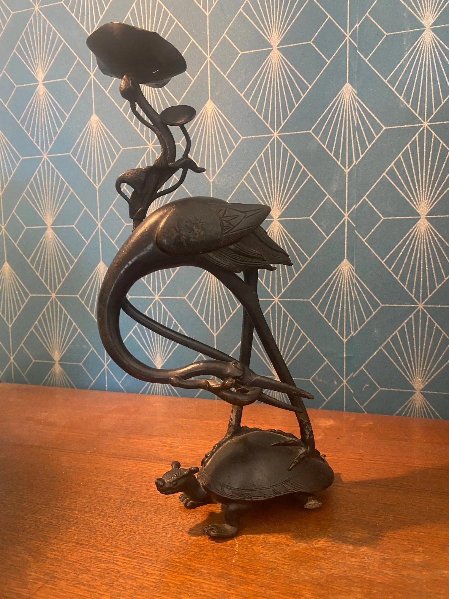 BRONZE ancien XIXème, GRUE SUR TORTUE MINOGAME, chine japon XIXe Antiquités de France