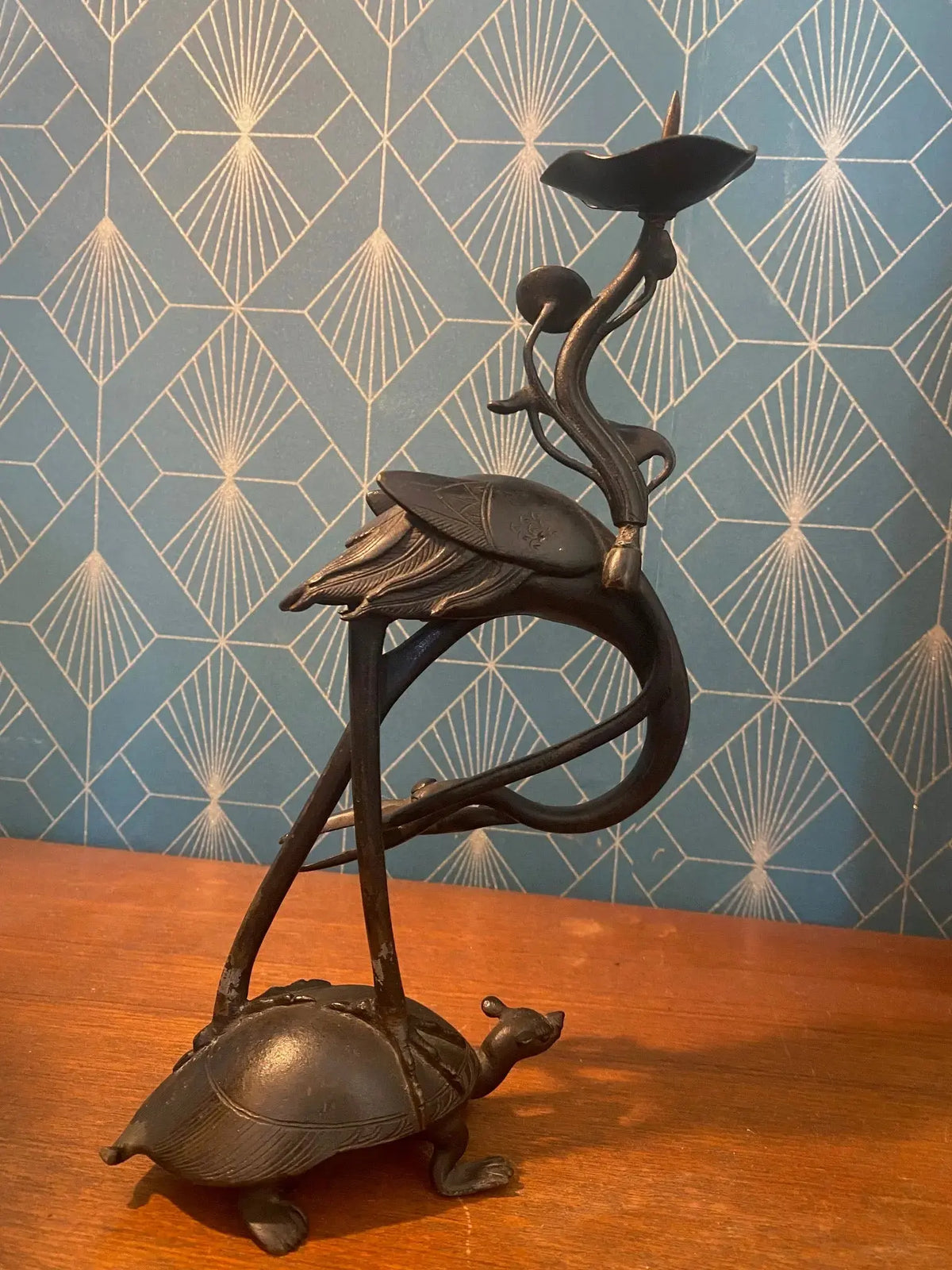 BRONZE ancien XIXème, GRUE SUR TORTUE MINOGAME, chine japon XIXe Antiquités de France
