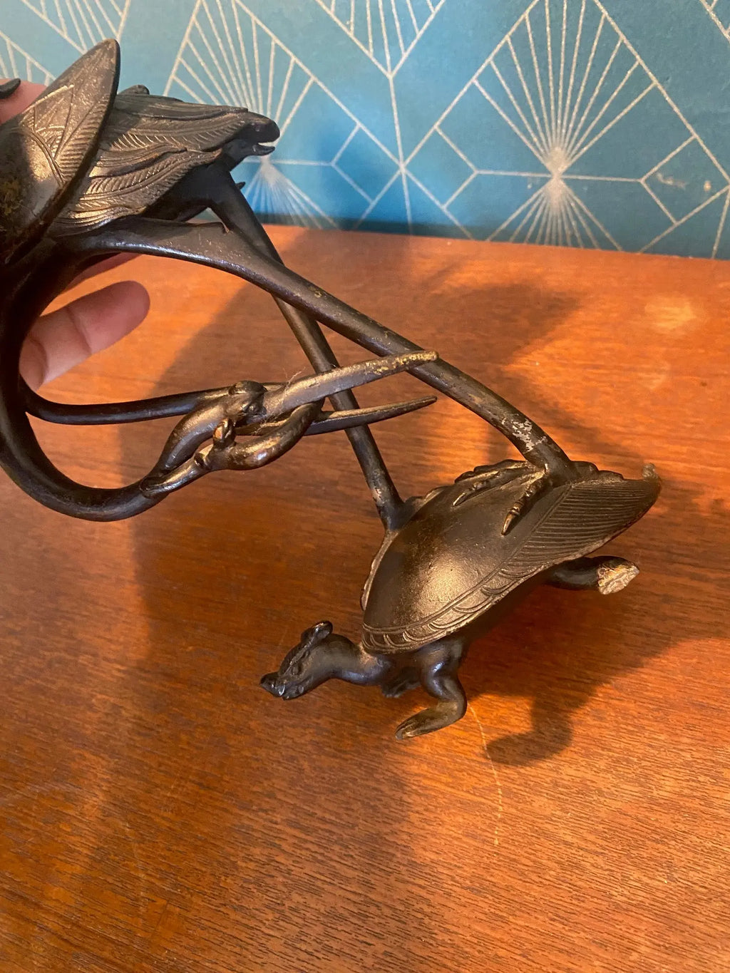 BRONZE ancien XIXème, GRUE SUR TORTUE MINOGAME, chine japon XIXe Antiquités de France