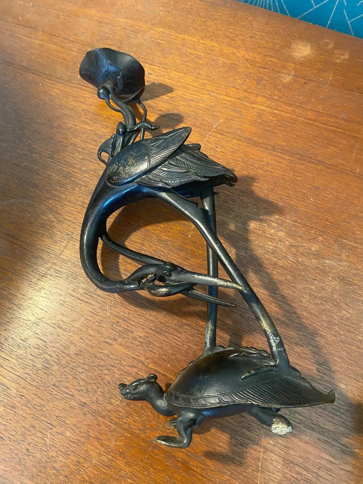 BRONZE ancien XIXème, GRUE SUR TORTUE MINOGAME, chine japon XIXe Antiquités de France