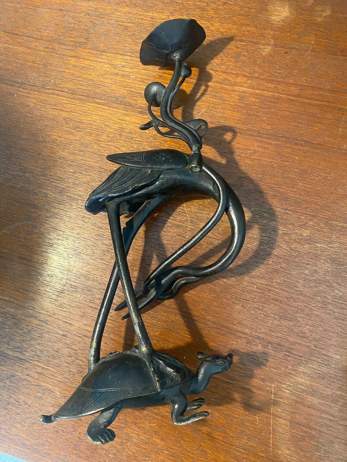 BRONZE ancien XIXème, GRUE SUR TORTUE MINOGAME, chine japon XIXe Antiquités de France