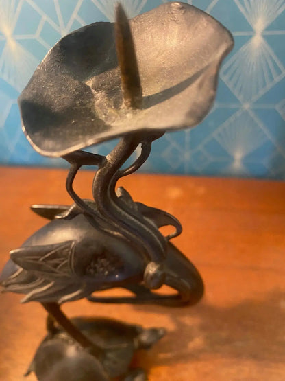 BRONZE ancien XIXème, GRUE SUR TORTUE MINOGAME, chine japon XIXe Antiquités de France
