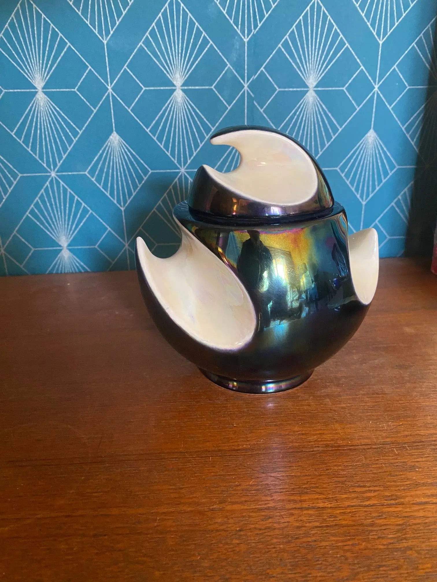 Céramique Française vintage, reflets métalliques irisés. 2 nécessaires de fumeurs, numérotées. Antiquités de France