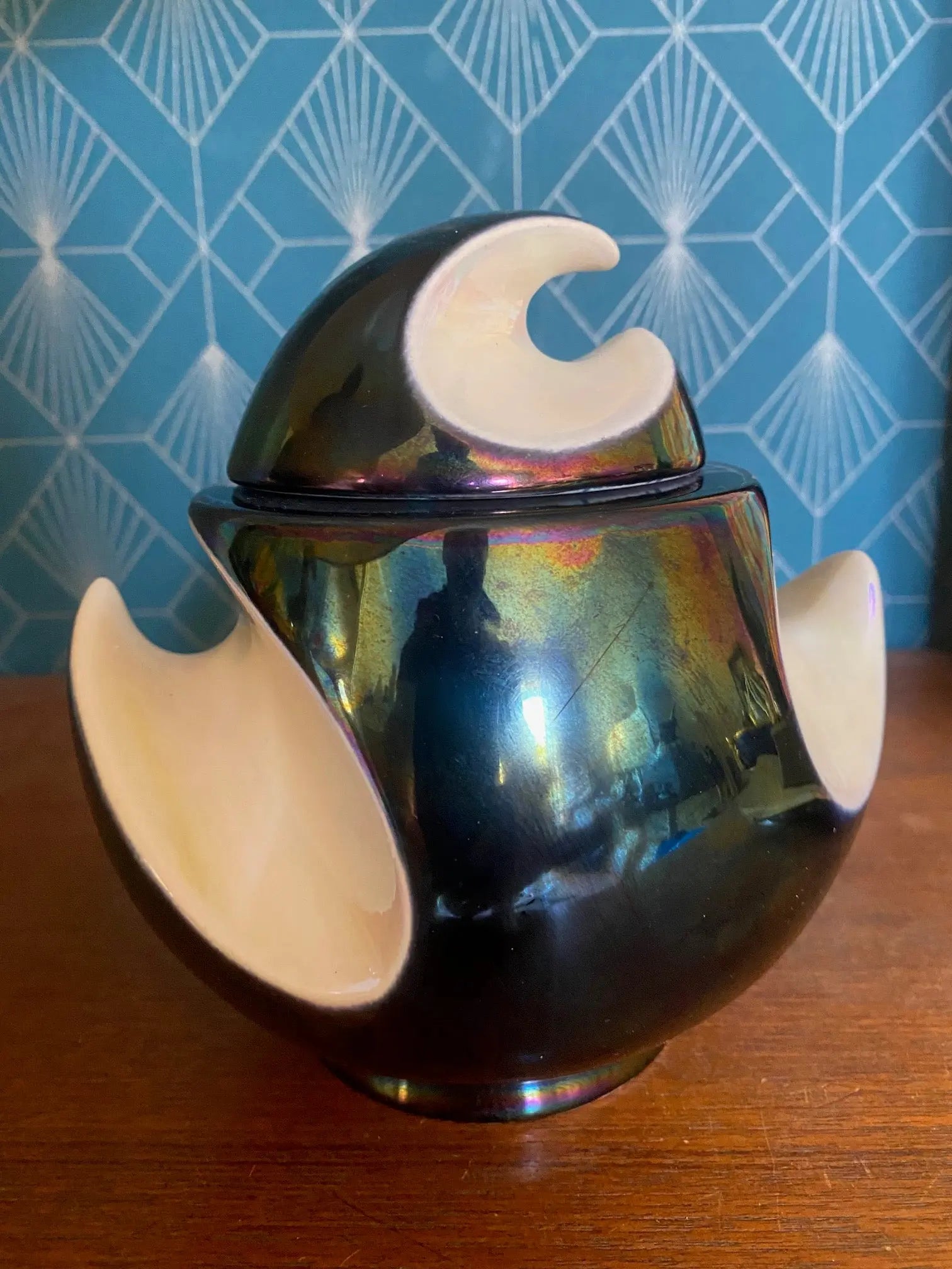 Céramique Française vintage, reflets métalliques irisés. 2 nécessaires de fumeurs, numérotées. Antiquités de France