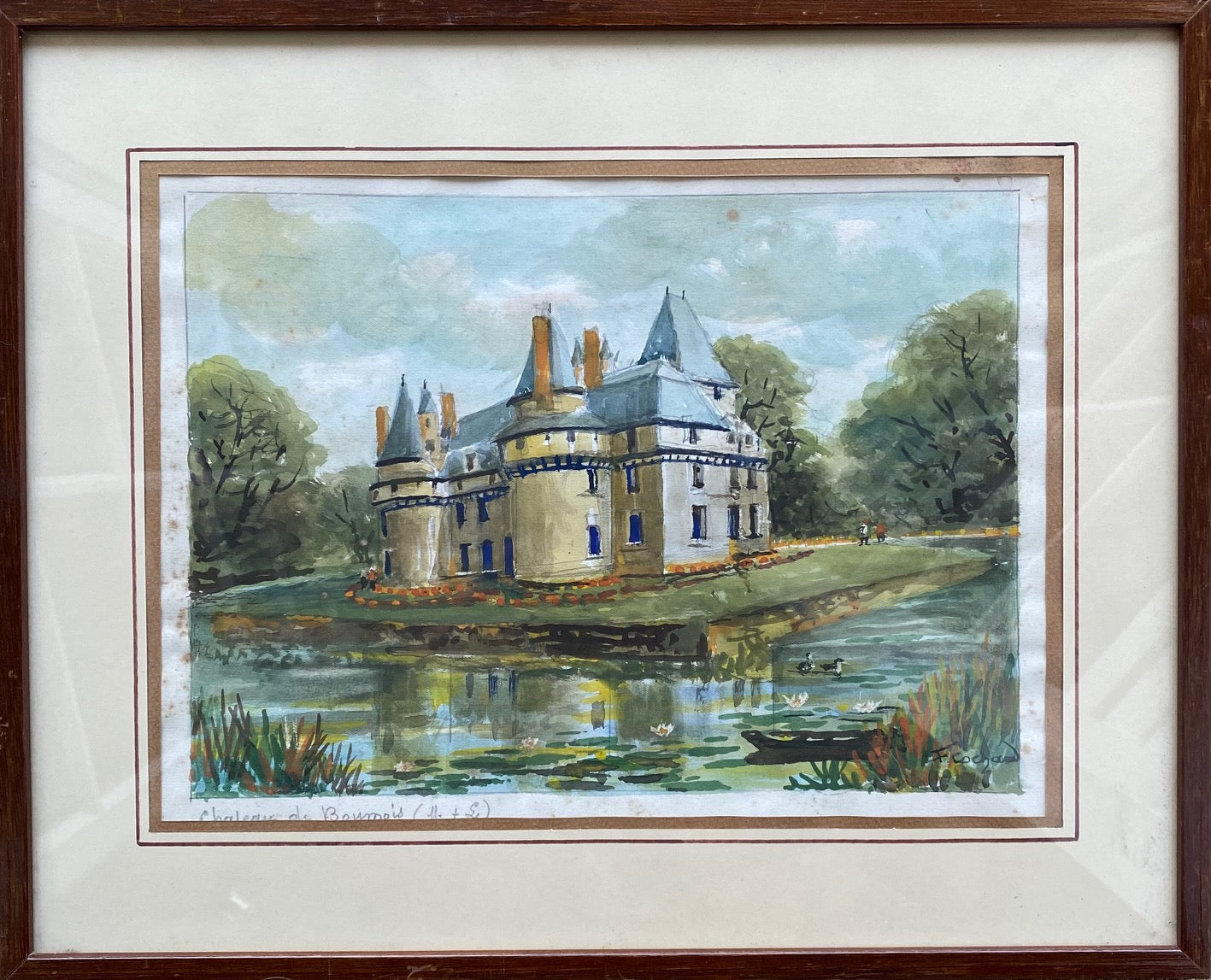 Aquarelle signée château de Boumois F. Cochard, Pays de Loire, encadrée sous verre-{{shop name}}