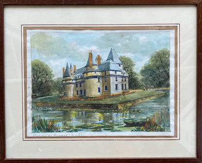 Aquarelle signée château de Boumois F. Cochard, Pays de Loire, encadrée sous verre-{{shop name}}